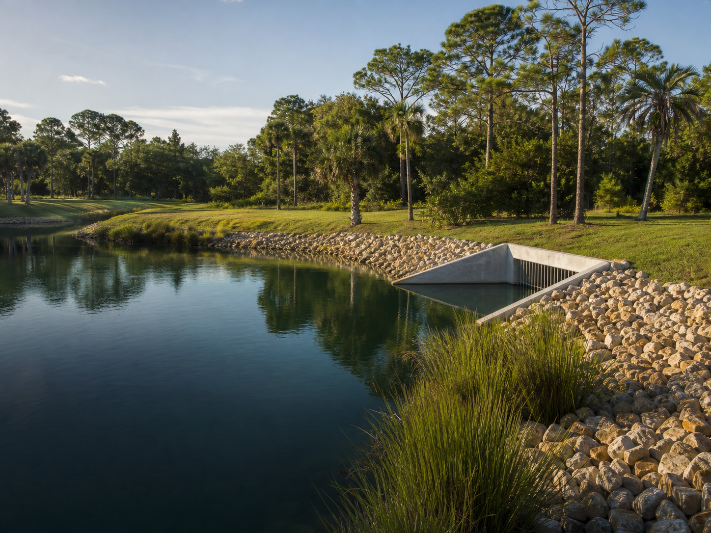 Stormwater detention pond and drainage structure